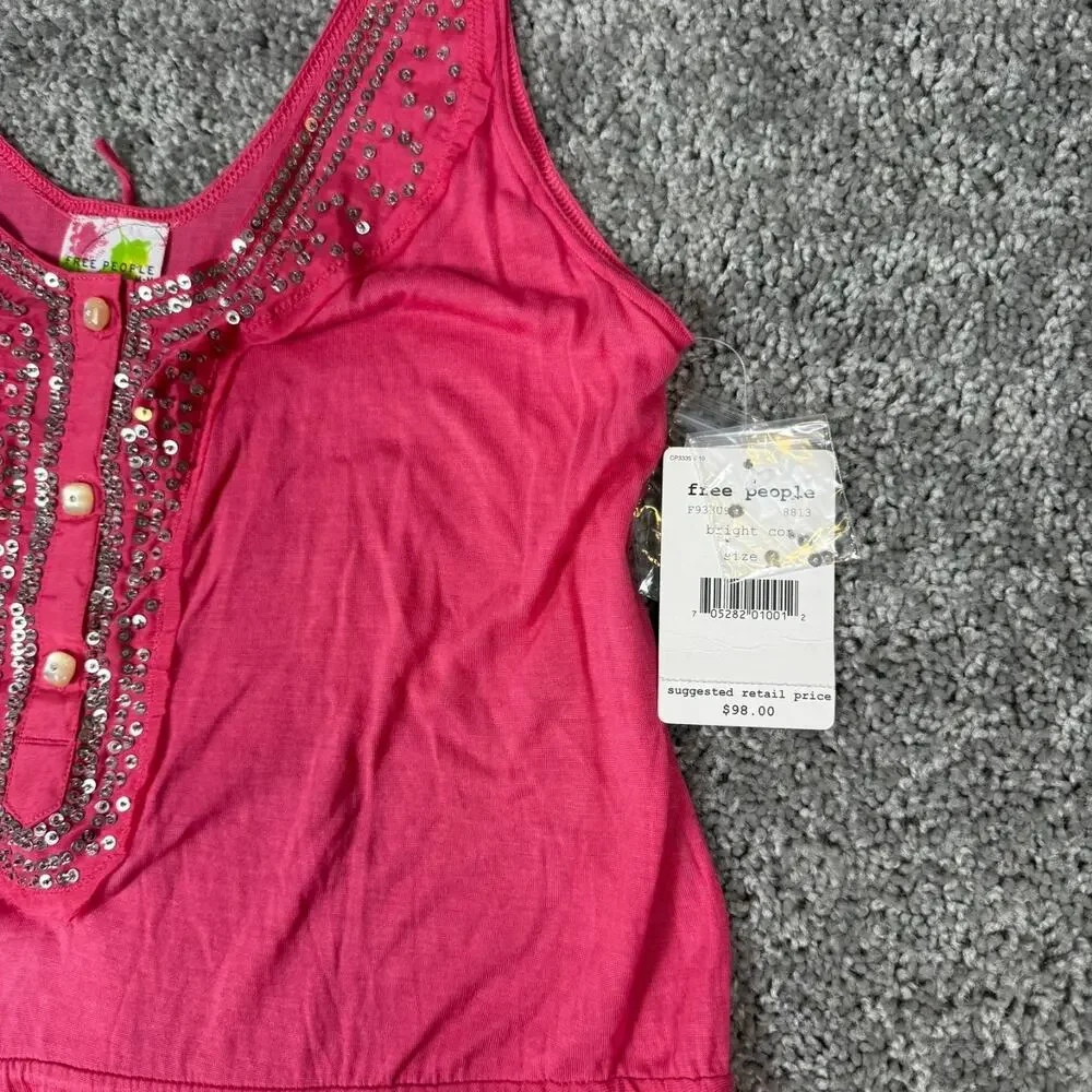 Free People Womens Medium Pink Mini Dress Tank Silk Cotton‎ Beaded Scoop Neck
